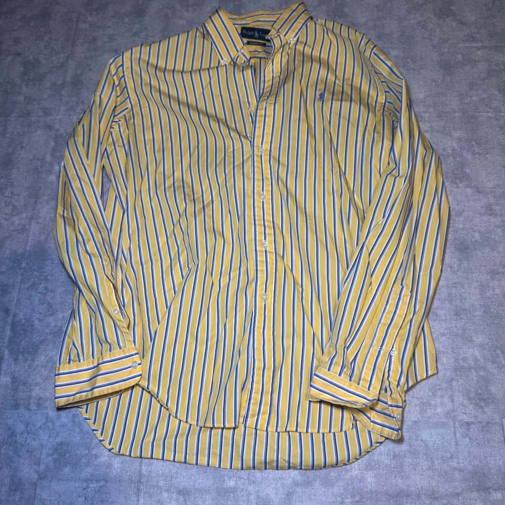Ralph Lauren Mens Classic Fit Striped Button Down Shirt Yellow Blue Large